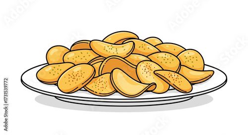 Delicious plate of golden and crispy potato chips illustration ready to serve snack