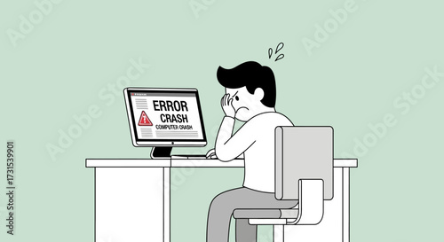 Frustrated programmer experiencing computer error while working at the desk in the office