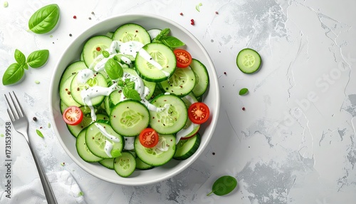 Freshly prepared salad showcases cucumber slices, cherry tomatoes, and basil leaves arranged in a white bowl, topped with creamy dressing, presented on a textured, light gray surface with a fork and.
