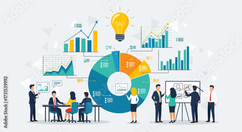 Business presentation with data visualization and team collaboration idea generation