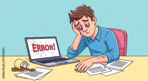 Frustrated worker facing computer errors and spilt coffee experiencing burnout syndrome