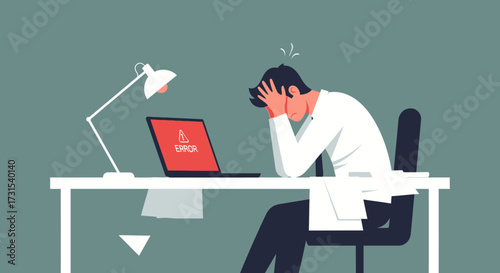 Frustrated man with error message on laptop conveys digital work stress and burnout scenario
