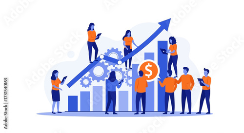 Teamwork drives growth and financial success symbolized by a rising chart and gears