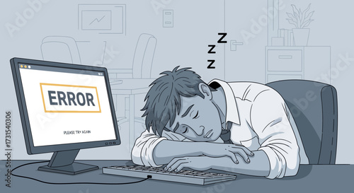 Tired programmer sleeping at his desk with an error message on computer screen shows professional