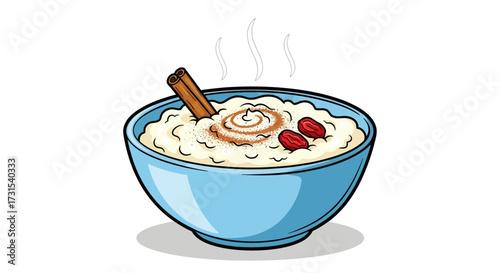 Delicious bowl of rice pudding with cinnamon and dried fruits illustration