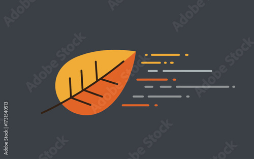 Illustration of a stylized autumn leaf with motion lines against a dark background.