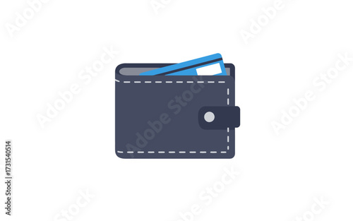 A dark blue wallet with a credit card peeking out from the top.