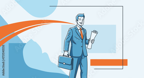 Confident businessman carrying briefcase and documents presents a professional illustration
