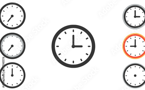 A collection of minimalist analog clock icons showing various times on a white background.