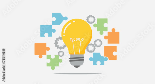 Bright idea concept showing creativity and innovation with gears and puzzles pieces