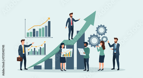 Business team achieving success by visualizing growth charts and financial planning for market