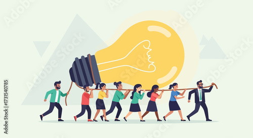 Teamwork and collaboration as concept with people carrying a large light bulb together
