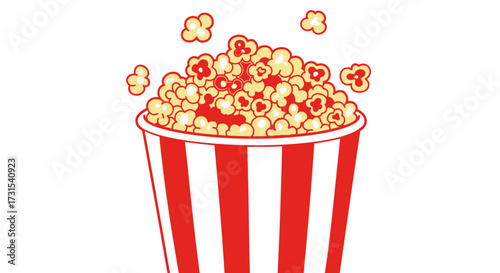 A vibrant and cartoonish illustration of a classic popcorn bucket filled to the brim  ready for