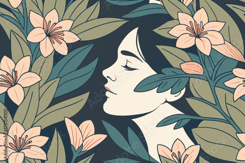 Vector art of beautiful woman surrounded by flowers and leaves, vintage style design
