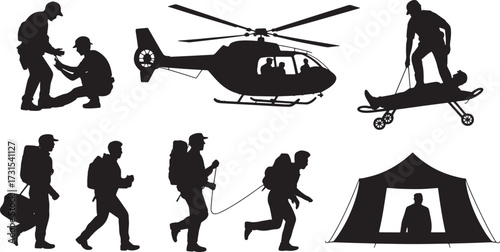 Search and Rescue Team Silhouette Illustration with People, Gear and Location