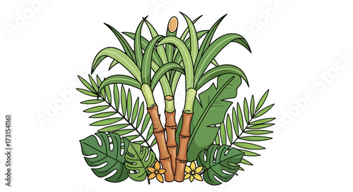 Lush tropical vegetation with sugarcane, palm leaves, and monstera design conveys exotic natural