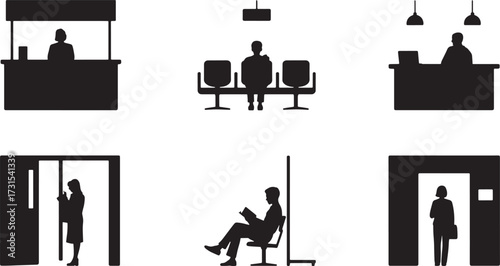 Hospital Hall Interior Waiting Area Illustration with People Silhouette