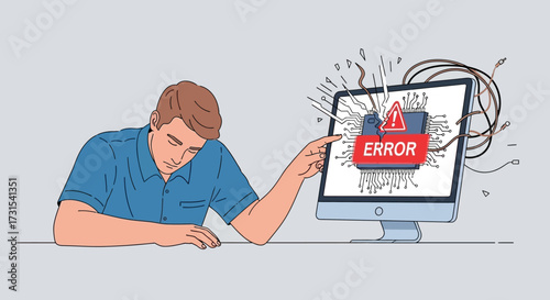 Frustrated man facing a computer error with broken screen and tangled wires displays problem stress