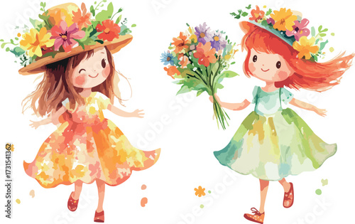 Two adorable watercolor cartoon girls wearing floral hats and dresses holding flowers