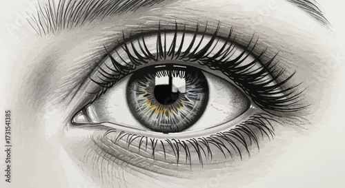 Detailed monochrome drawing showcasing a human eye with intricate lash and brow details