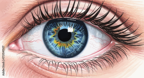 Detailed artistic illustration of a human eye with striking blue iris and long lashes