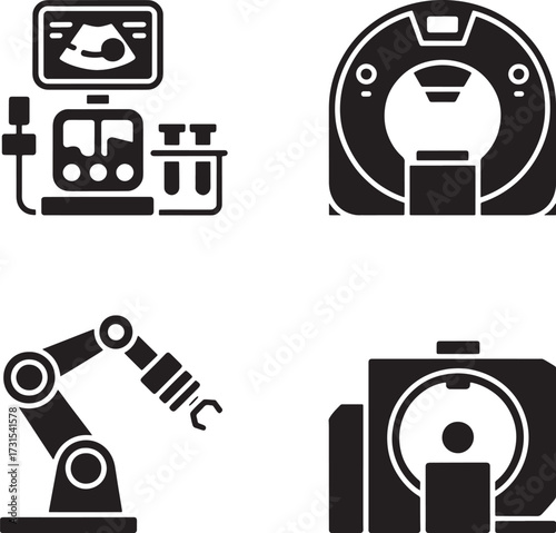 Medical Equipment Icons Set, Diagnostic Equipment Silhouette Isolated Transparent Background