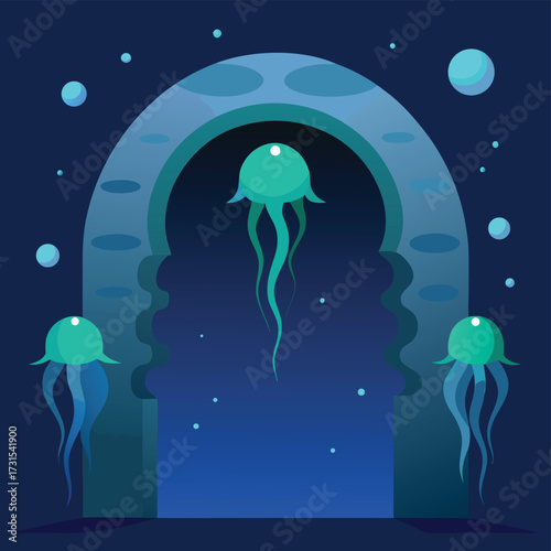 arch of glowing jellyfish underwater .eps