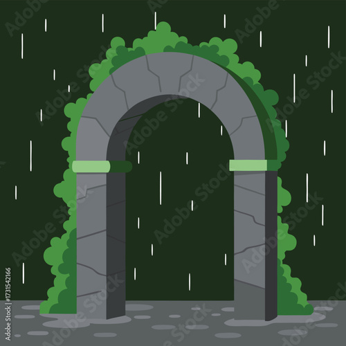 archway of mossy stone in rain .eps