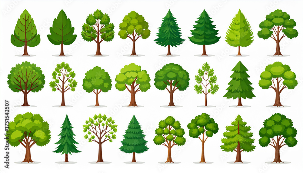 Fototapeta premium Diverse green trees with brown trunks and branches nature foliage