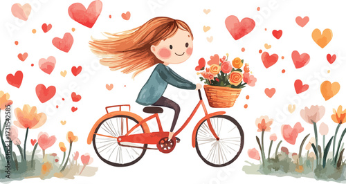 Joyful young girl with flowing hair rides a bicycle through a field of blooming flowers and hearts