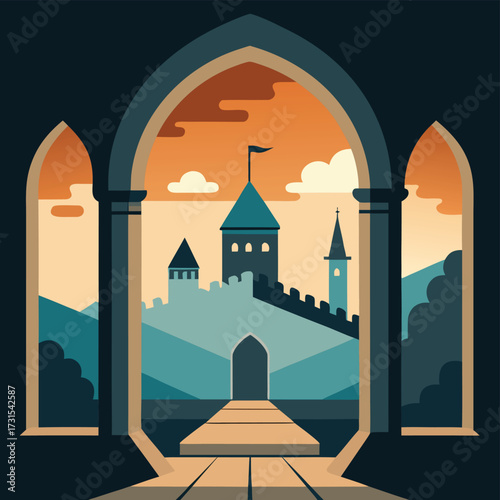 castle courtyard framed by stone arches  (1).eps
