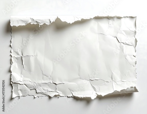 Ripped, crumpled white paper sheet on white surface