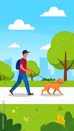 Man walks dog on sunny path in city park