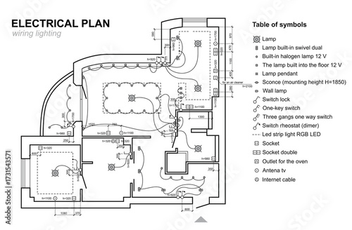 Plan wiring lighting. Electrical Schematic interior. Set of standard icons switches, electrical symbols for blueprint.	