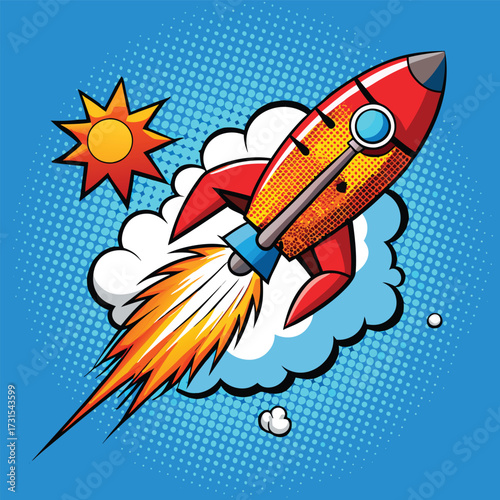 Retro rocket ship launching with flame trail vintage pop art style vector illustration on blue halftone background