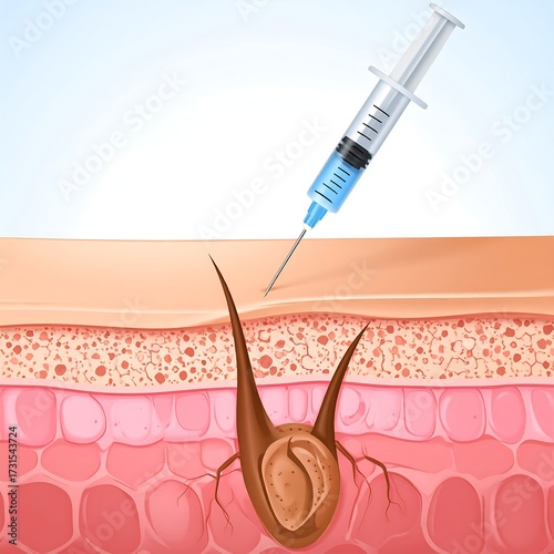 Microscopic view of a hair follicle receiving an injection