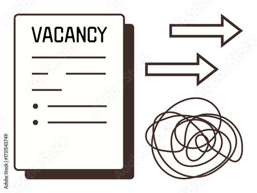 Job advertisement document with arrows and tangled lines representing career opportunities, decision-making, challenges, and pathways. Ideal for recruitment, employment, hiring process