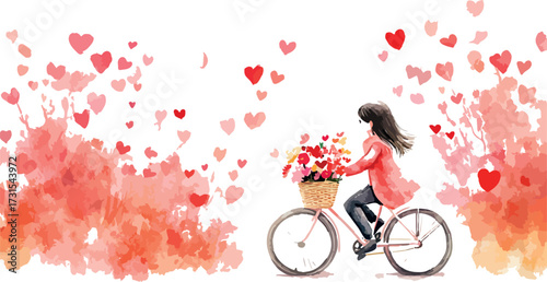Young woman riding bicycle with basket full of red roses and hearts floating around