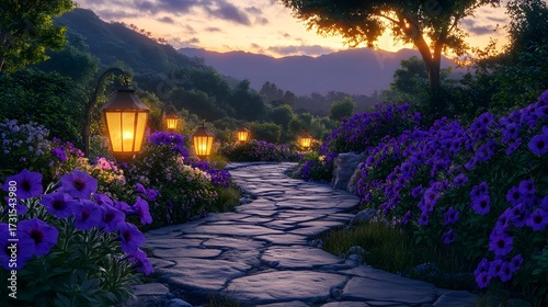 A twilight scene with purple petunias and garden lanterns glowing softly along a winding stone pathway 
