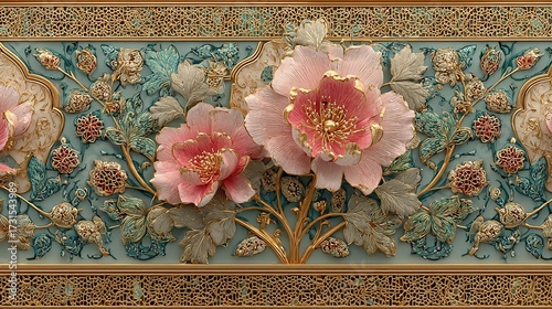 Interior Wall with Kashmiri Papier-Mâché Floral Motifs in Soft Pastel Tones, Bordered by Islamic Geometric Patterns in Gold. Luxury Fusion Style.