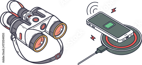 Modern Illustration of a Binocular Device for Observation and a Smartphone on Wireless Charging Pad Representing Technology and Innovation