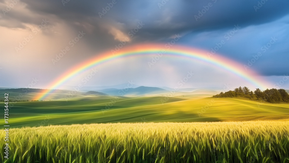 Obraz premium Vivid rainbow arcs across open grassland, blue sunny sky, fluffy clouds, tranquil outdoor setting, nature’s beautiful color display.