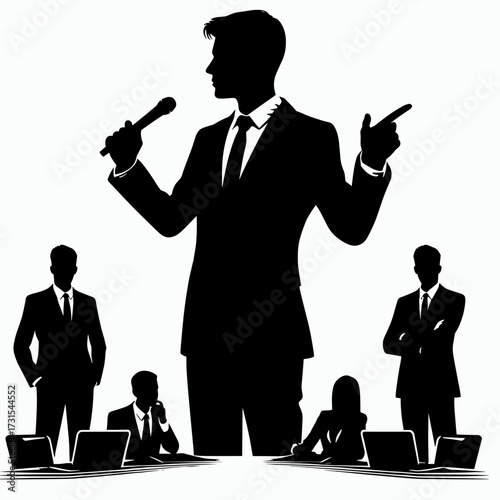 Silhouette of a sales employee pitching with a microphone while presenting to an audience on a simple white background