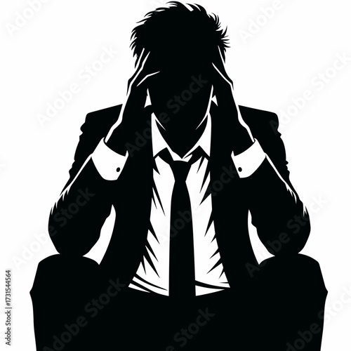 Silhouette of a man in a business suit showing distress and frustration with hands on his temples on a simple white background