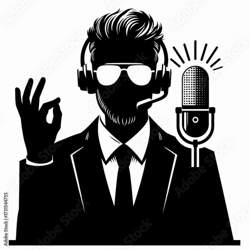 Silhouette of a suited man with headphones and microphone in a professional communication role on a simple white background