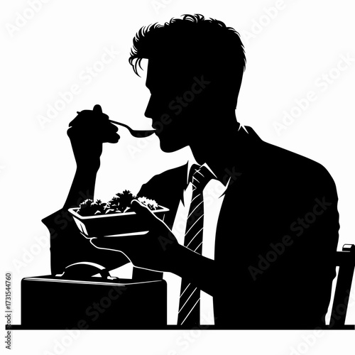 Silhouette of a colleague eating lunch in business attire on a simple white background