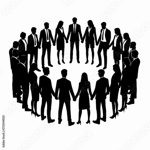 Silhouette of a team huddle demonstrating cooperation and unity in business casual attire on a simple white background