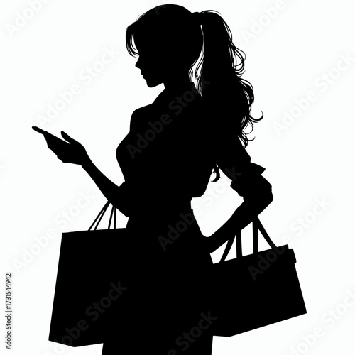 Silhouette of a woman holding shopping bags and a mobile phone, suggesting a shopping or leisure activity on a simple white background