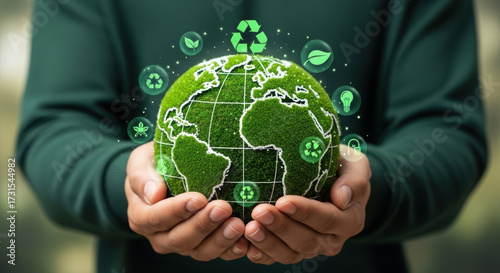 Hands holding moss-covered globe with eco-friendly icons. Sustainability concept with green digital symbols. Environmental care with Earth and recycling themes.