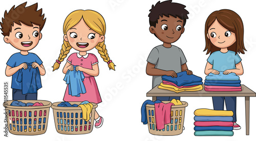 Cartoon children doing laundry, kids folding clothes, teamwork household chores, family responsibility illustration, happy children helping